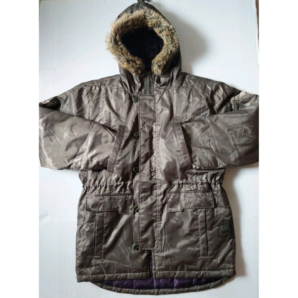 Fox Outdoor Jaket Coat Mens L Insulated Parka Fur Hooded Zipper Mid Length Khaki